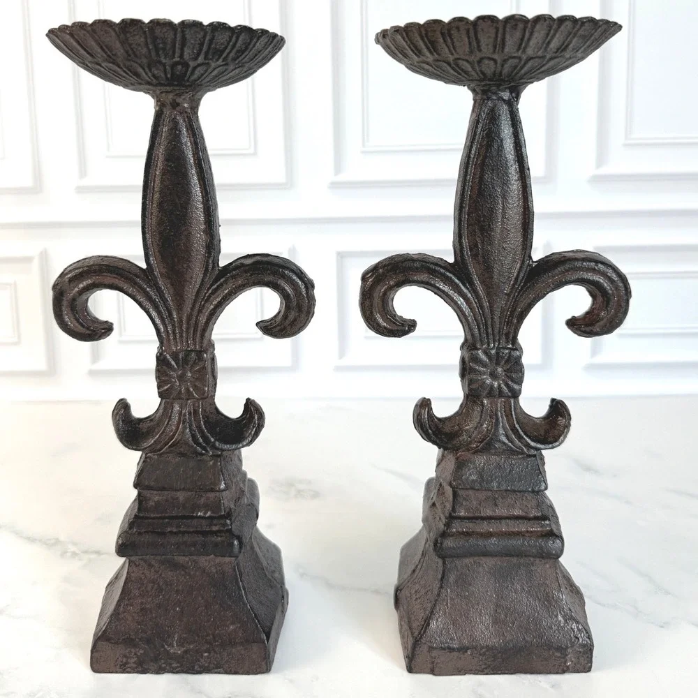 VTG Pair (2) Cast Iron Fleur de Lis Pillar Candlesticks 10 5/8